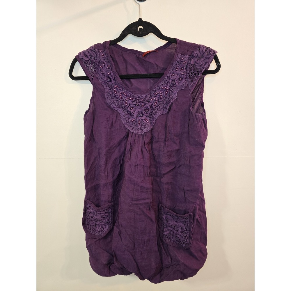 Art Gecko Purple Boho Tunic Top‎ Crochet Beaded Embroidered Festival Indie SM/MD